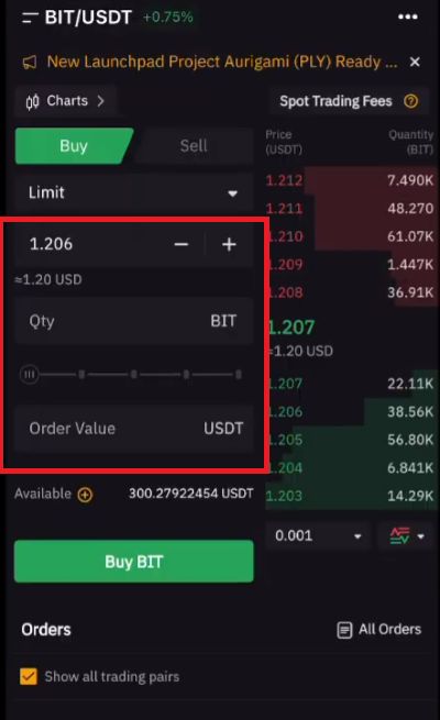 Aplicación Bybit: diferentes formas de introducir la cantidad de tokens.