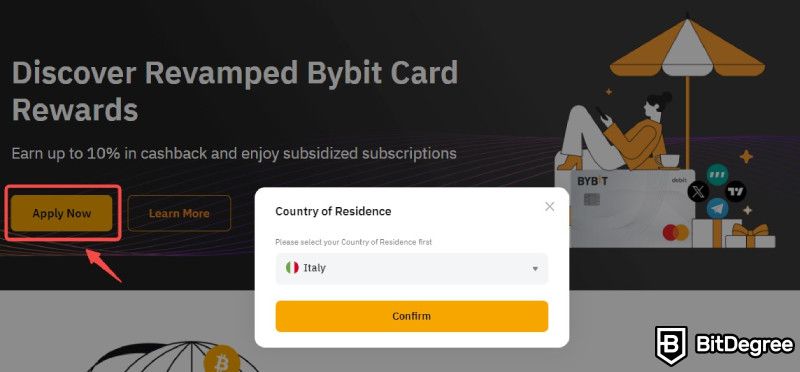 Bybit card review: select your country of residence.