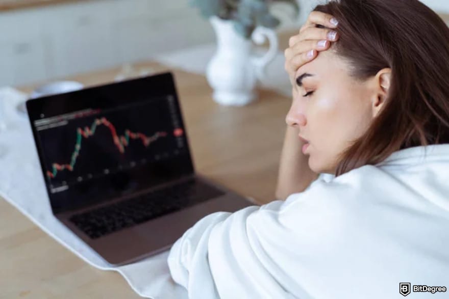 Bybit copy trading: a frustrated woman reacting to market performance.