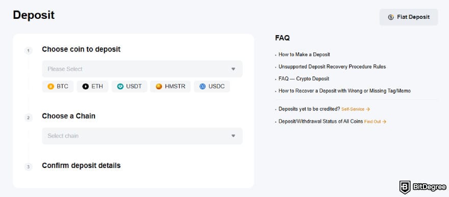 Bybit copy trading: selecting a coin and chain for the deposit.