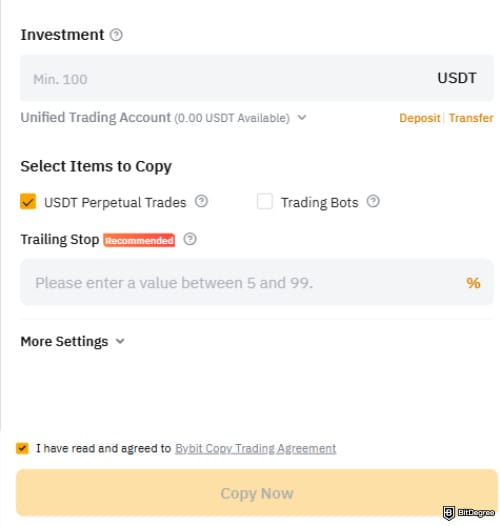 Bybit copy trading: the settings to begin your copy trade.