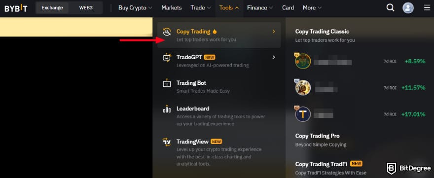 Bybit copy trading: tools dropdown menu on Bybit.