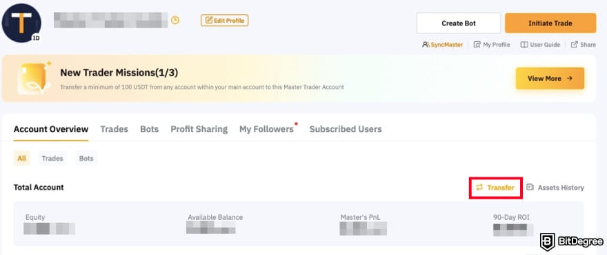 Bybit copy trading: [Transfer] button on the Master Trader dashboard.