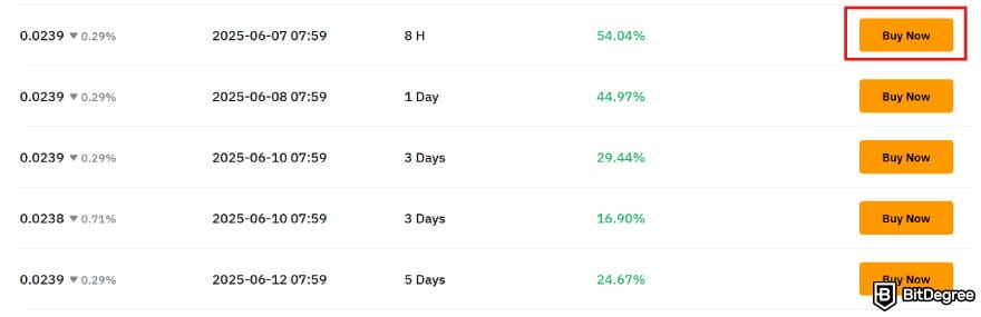 Bybit Earn: the [Buy Now] button next to the product plan under Dual Asset.