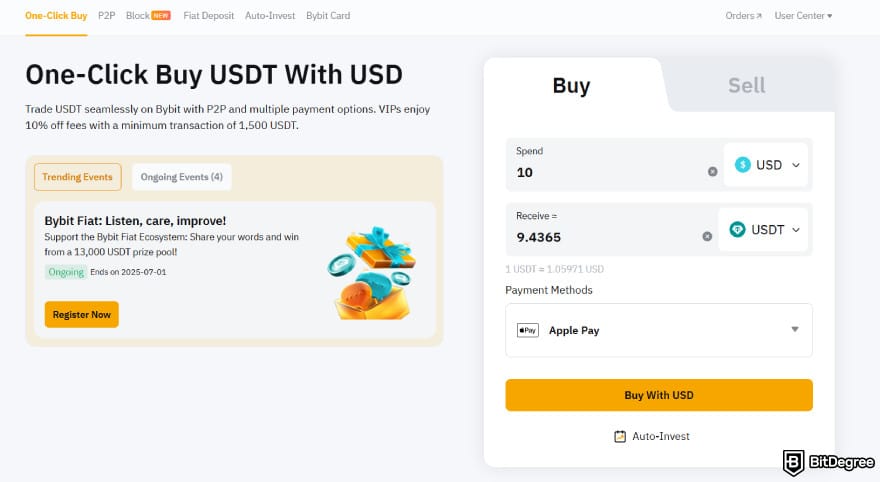 Bybit Earn: the [Buy Order] page, initiating a purchase for USDT using USD and Apple Pay.