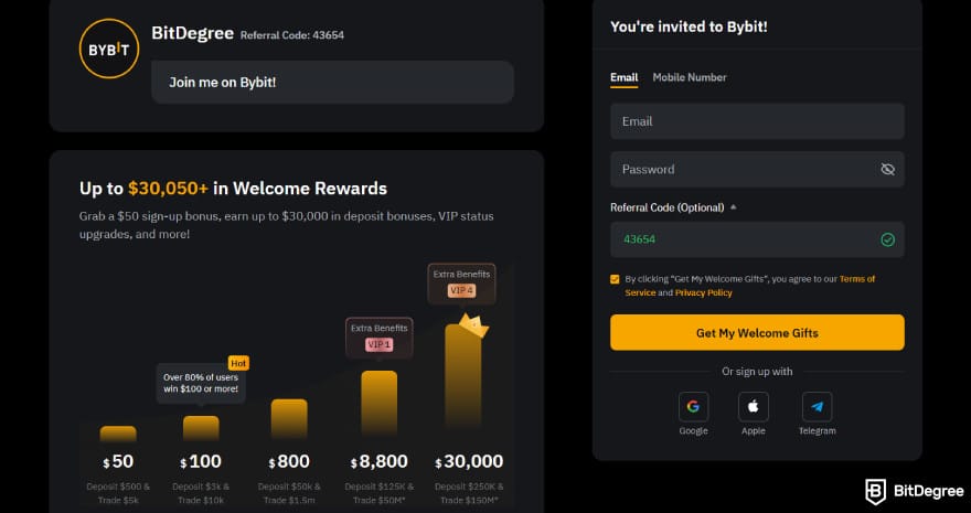 Bybit Earn: sign up on Bybit using BitDegree's referral code for exclusive deals.