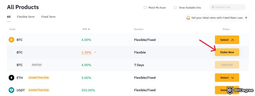Bybit Earn: the [Stake Now] button next to a Bybit Savings product plan.