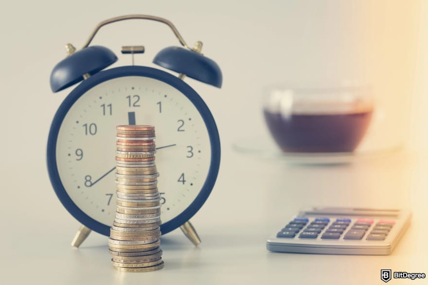 Bybit Earn: a pile of coins on the background of an alarm clock to illustrate "time to sell".