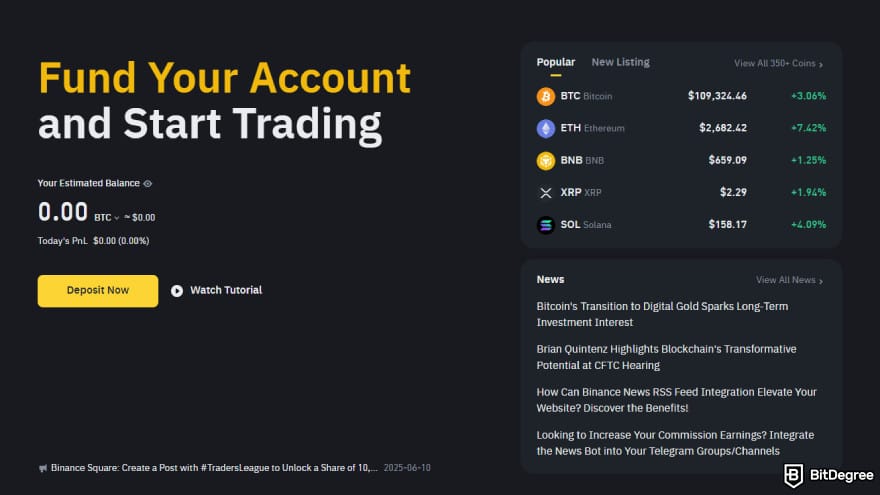Bybit fees: Binance landing page.