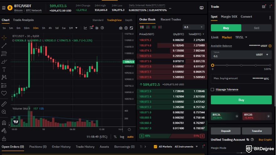 Bybit fees: buying Bitcoin on spot market.
