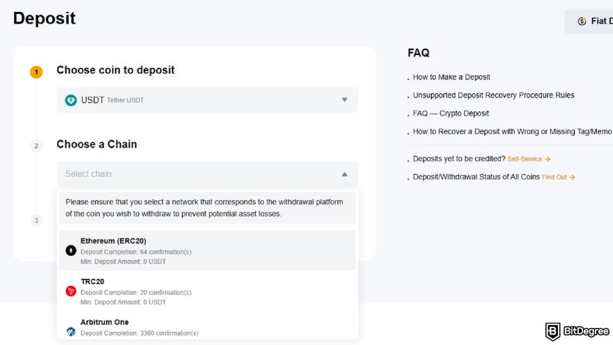 Bybit fees: coin and chain can affect the deposit fee.
