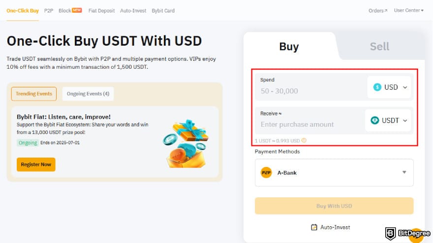 Bybit futures trading: enter the amount to spend.