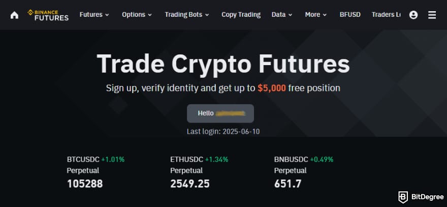 Bybit futures trading: Binance derivatives section.