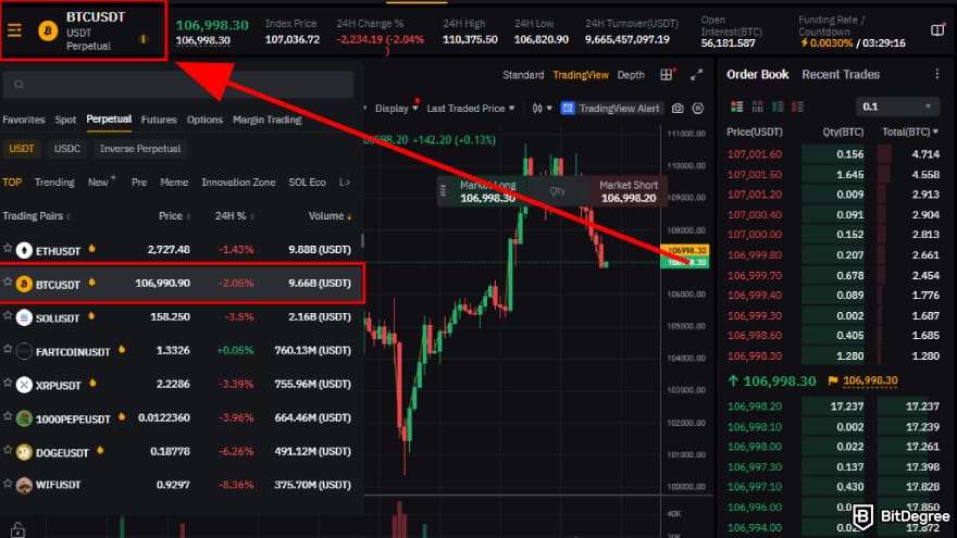 Bybit futures trading: choose trading pair.