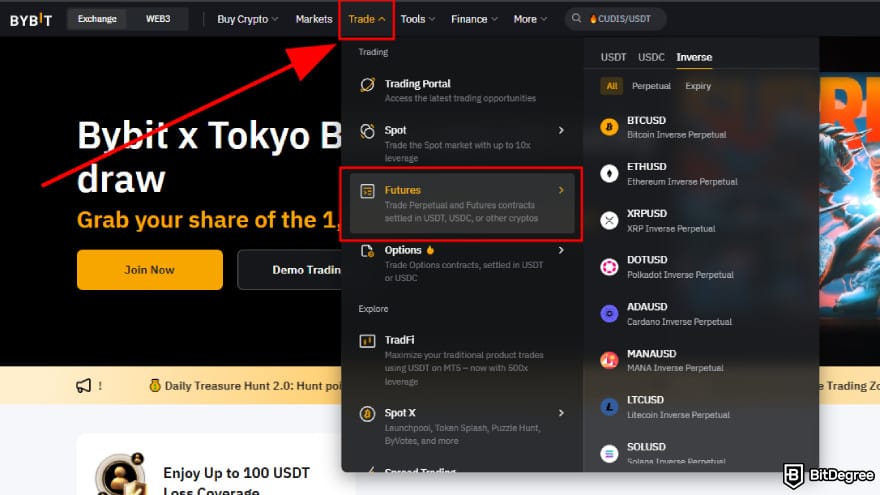 Bybit futures trading: access the futures trading section.