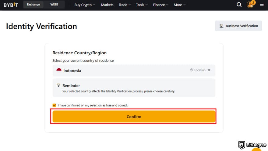 Bybit futures trading: select your country of residence.