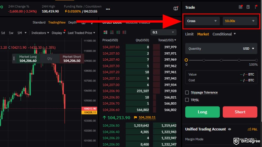 Bybit futures trading: set your margin mode and leverage.