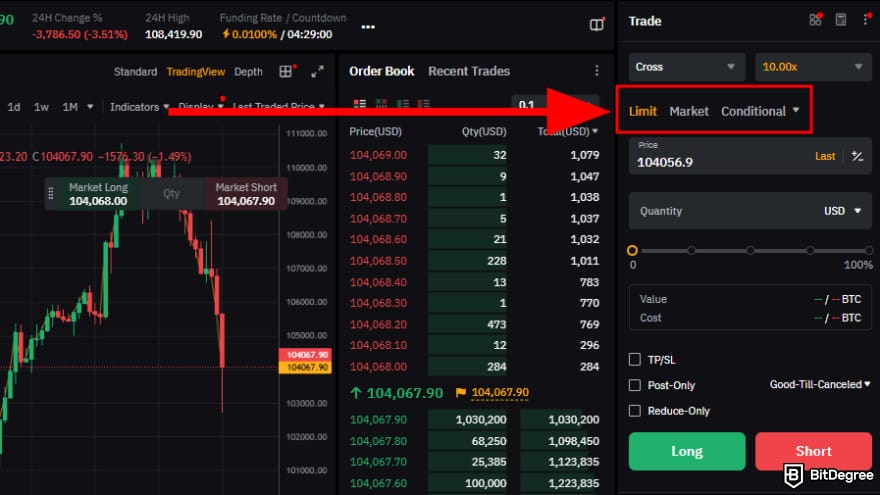 Bybit futures trading: select your order setting.