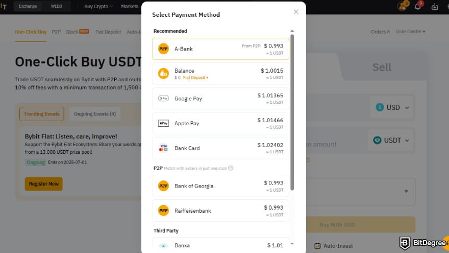 Bybit futures trading: select payment method.