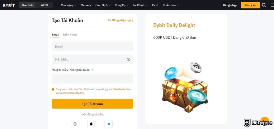 Bybit là gì: Trang đăng ký tài khoản.