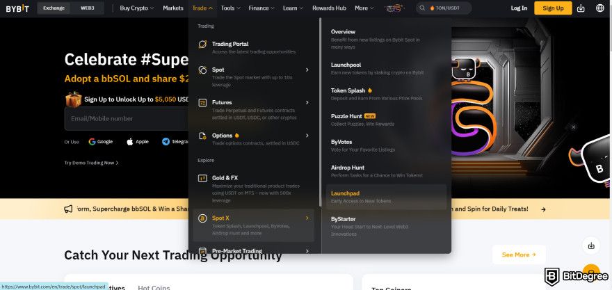 Bybit Launchpad: the navigation menu.