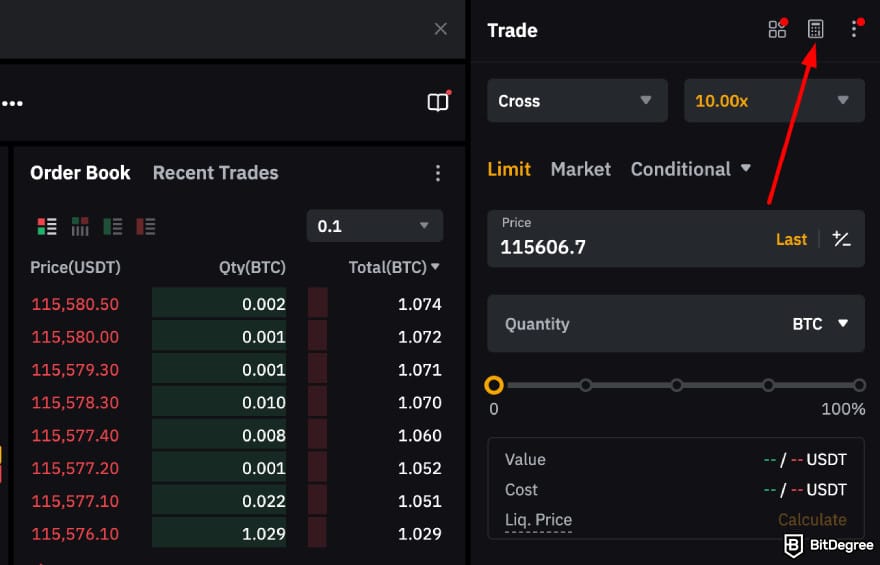 Bybit margin trading: Bybit futures trading page highlighting the calculator tool.