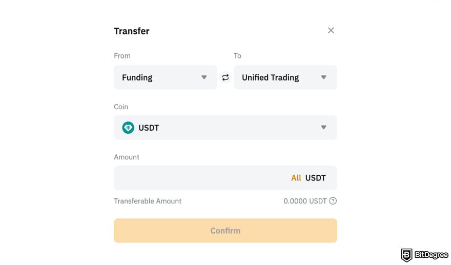 Bybit margin trading: Bybit account funding transfer pop-up.