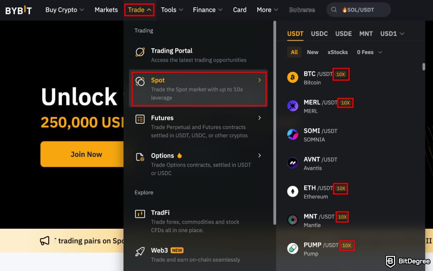 Bybit margin trading: Bybit homepage highlighting the spot trade pairing with leverage.