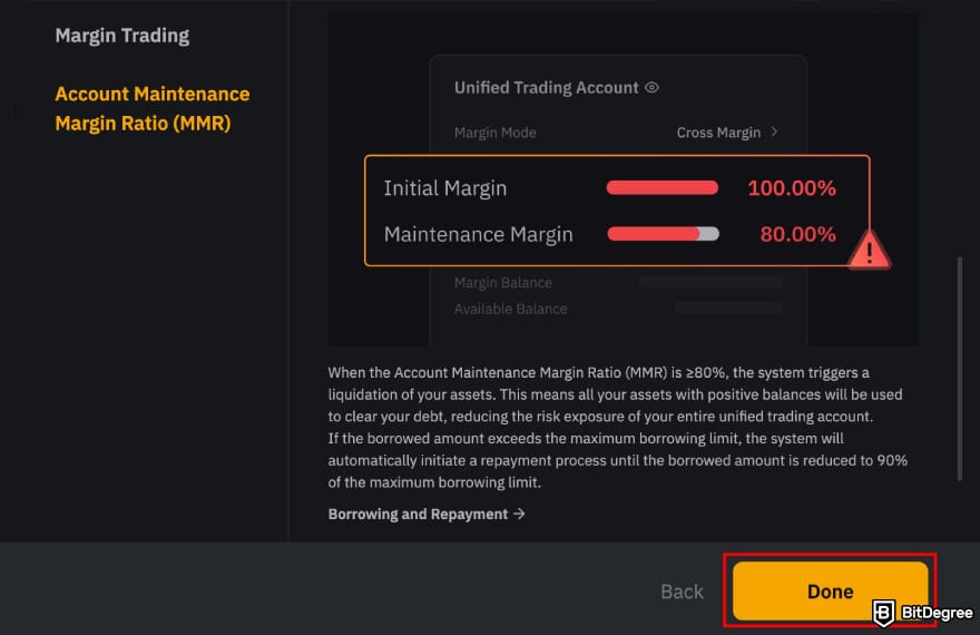 Bybit margin trading: Bybit margin trading introduction pop-up highlighting the [Done] button.