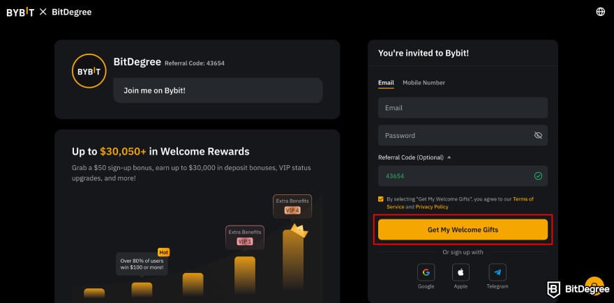 Bybit margin trading: Bybit sign-up page highlighting the [Get My Welcome Gifts] button.