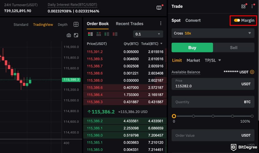 Bybit margin trading: Bybit spot trade page highlighting the [Margin] button.