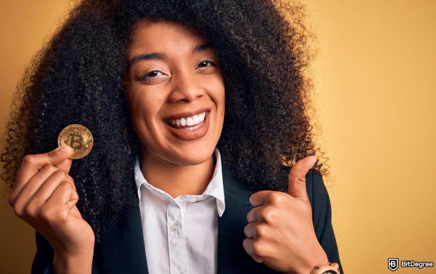 Bybit margin trading: woman holding Bitcoin to illustrate taking profits in crypto.