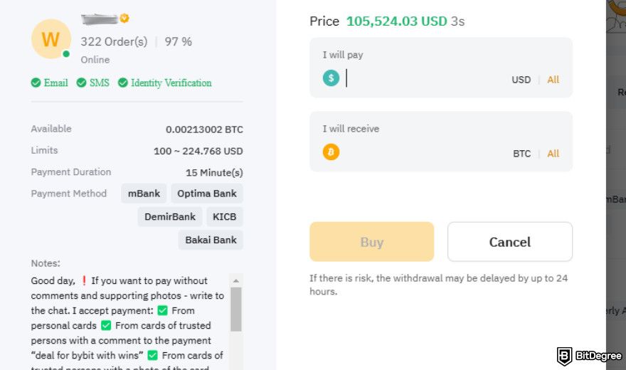 Bybit P2P: buying BTC using P2P.