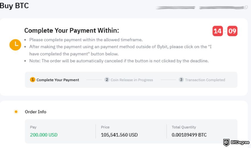 Bybit P2P: completing P2P BTC transaction on Bybit.