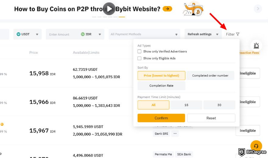 Bybit P2P: using the filter feature.