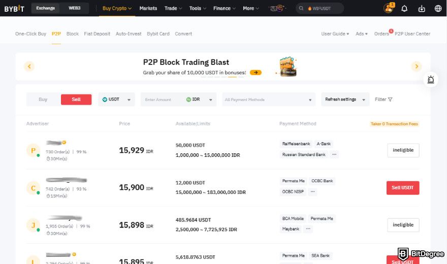 Bybit P2P: selling page on Bybit P2P.