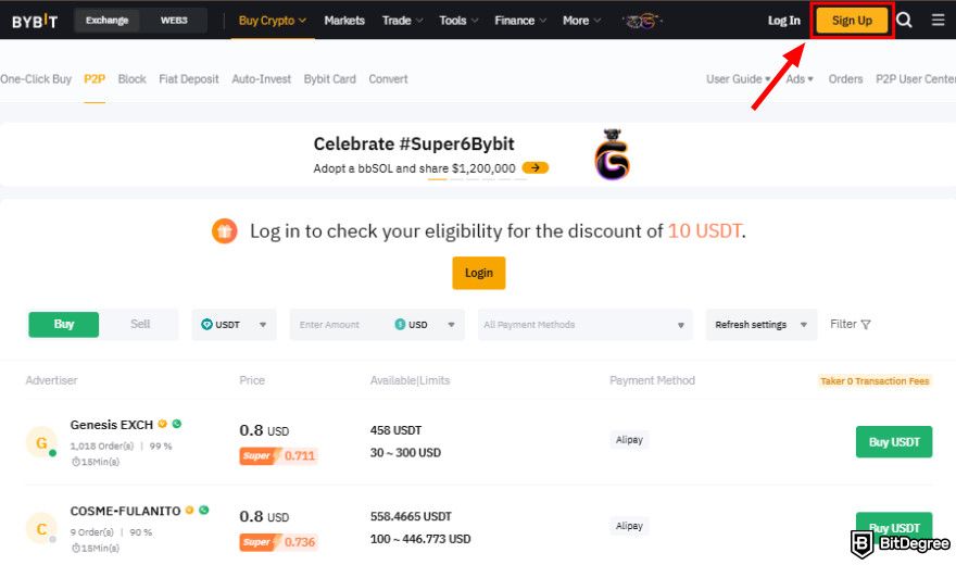 Bybit P2P: signing up on Bybit P2P.