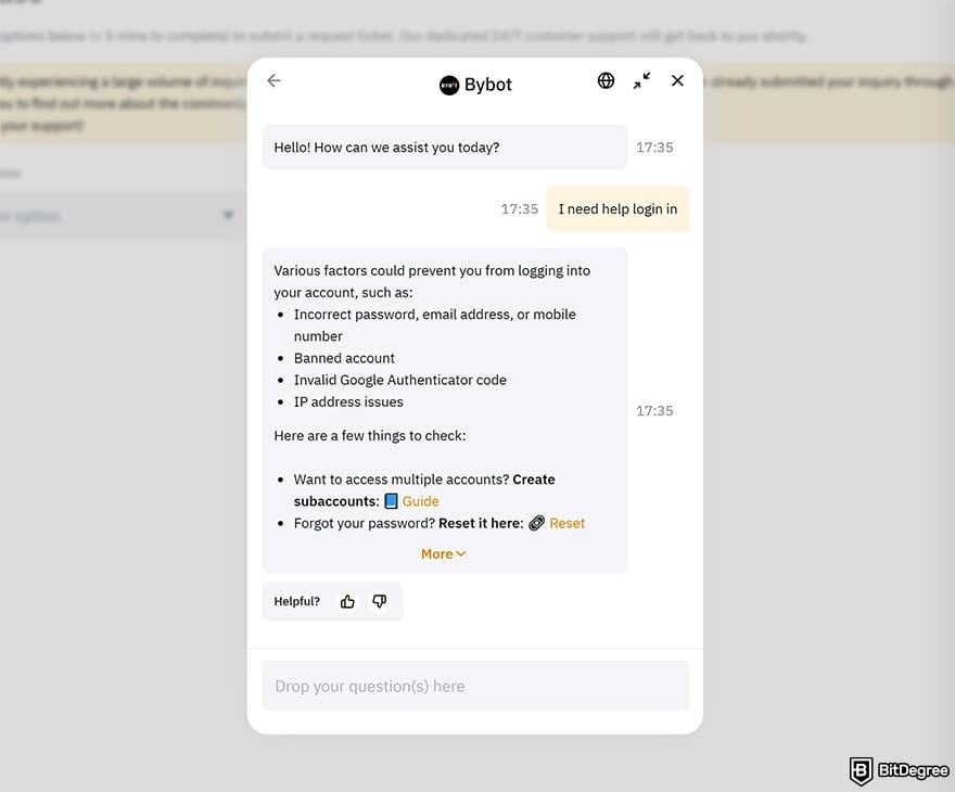 Bybit review: Bybit customer support bot.
