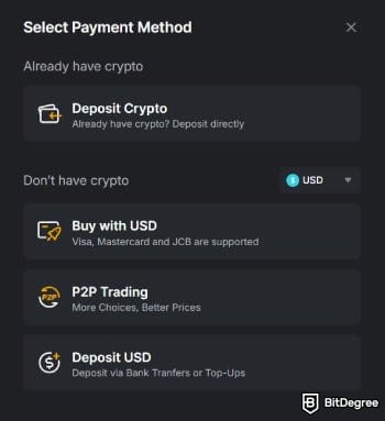 Bybit review: some of the available deposit methods on Bybit.