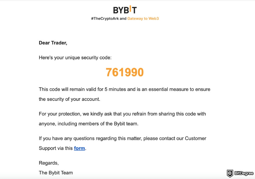 Bybit Review: e-mail verification.