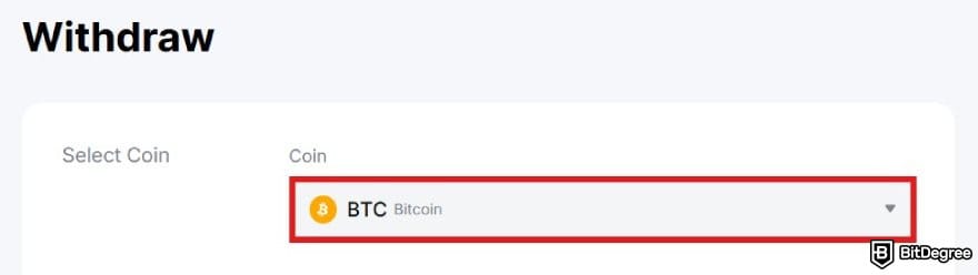 Bybit review: the coin selection menu for withdrawal on Bybit.