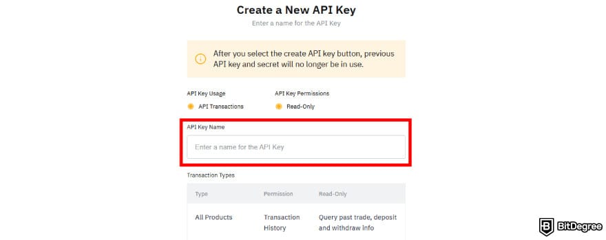 Bybit taxes: Bybit API Key name submission field.