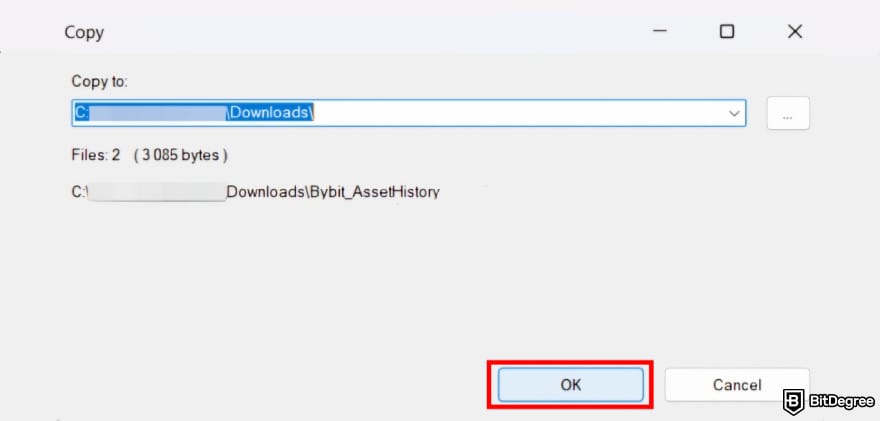 Bybit taxes: [OK] button to extract a file.