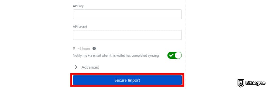 Bybit taxes: [Secure Import] button on Koinly.