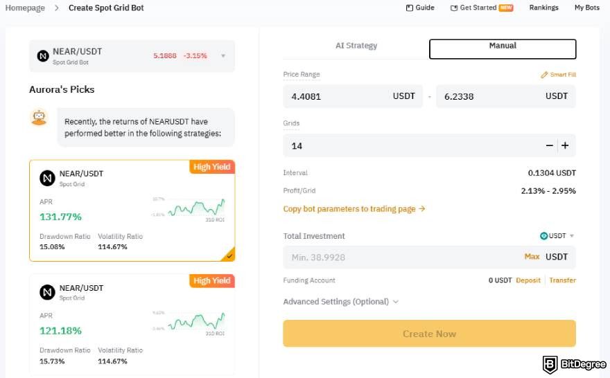 Bybit trading bot review: spot trading bot manual settings.
