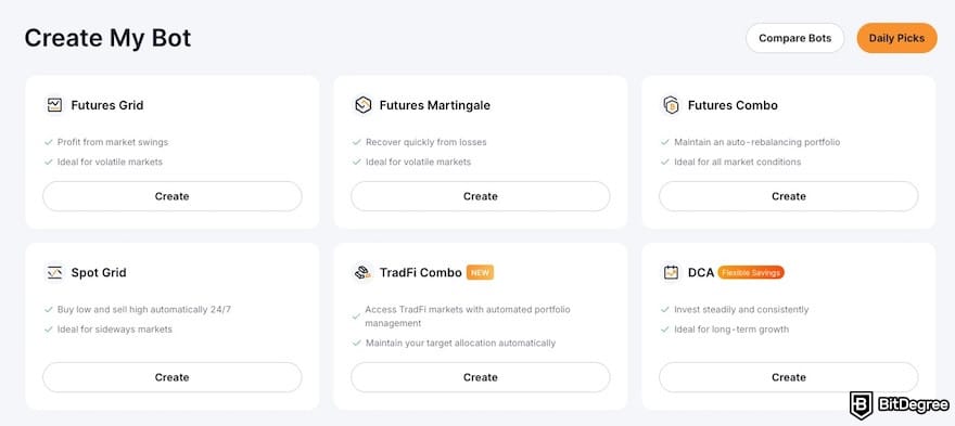Bybit vs Kraken comparison: a variety of Bybit bots.