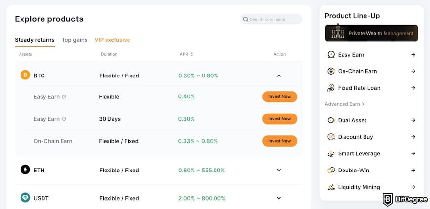 Bybit vs Kraken comparison: Bybit's Earn products.