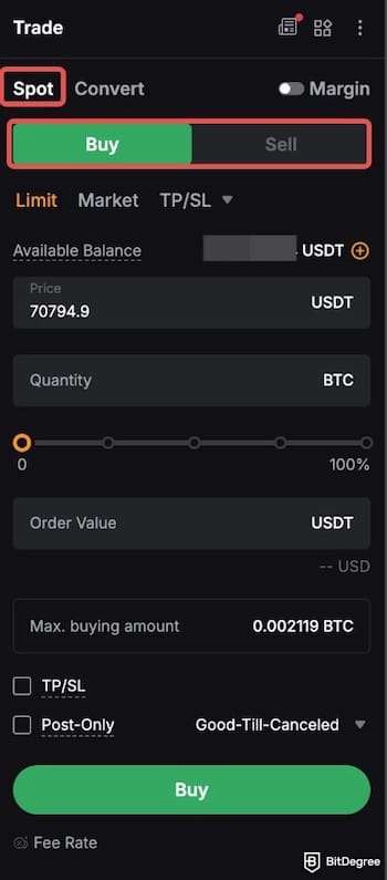Bybit vs Kraken comparison: Bybit's order form.