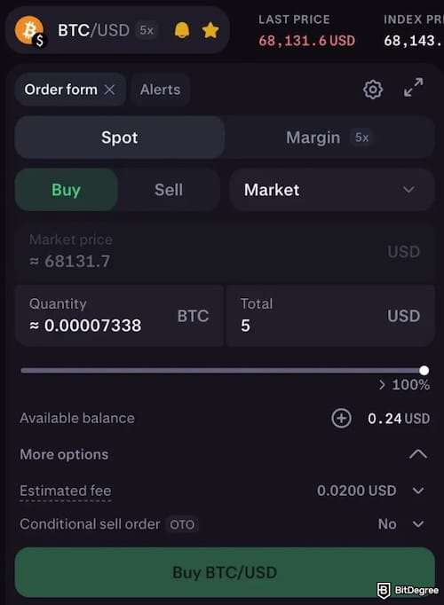 Bybit vs Kraken comparison: Kraken Pro's order form.