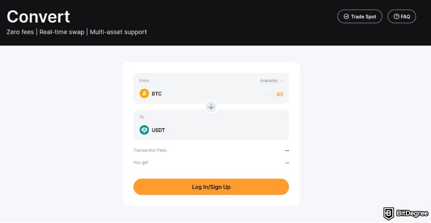 Bybit vs Phemex: Bybit's convert page.